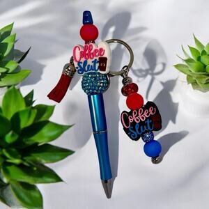 Coffee Handmade Beaded Ballpoint Pen & Matching Keychain